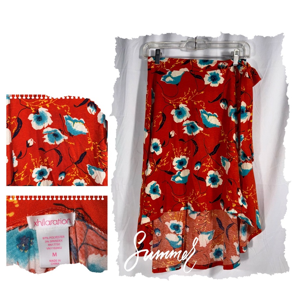Xhilaration Red Skirt with Blue Floral Design ~C1